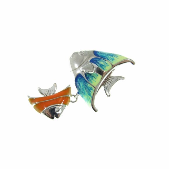 Solid 925 Sterling Silver and Enamel Pair of Fish Double Fishes Slide Pendant - Picture 5 of 8